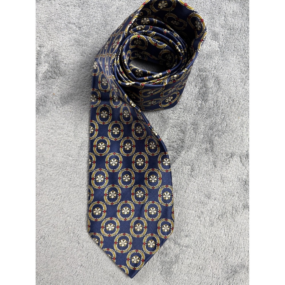 Vintage Norman Marcus Silk Tie Navy Gold Medallion Made in Italy 90s